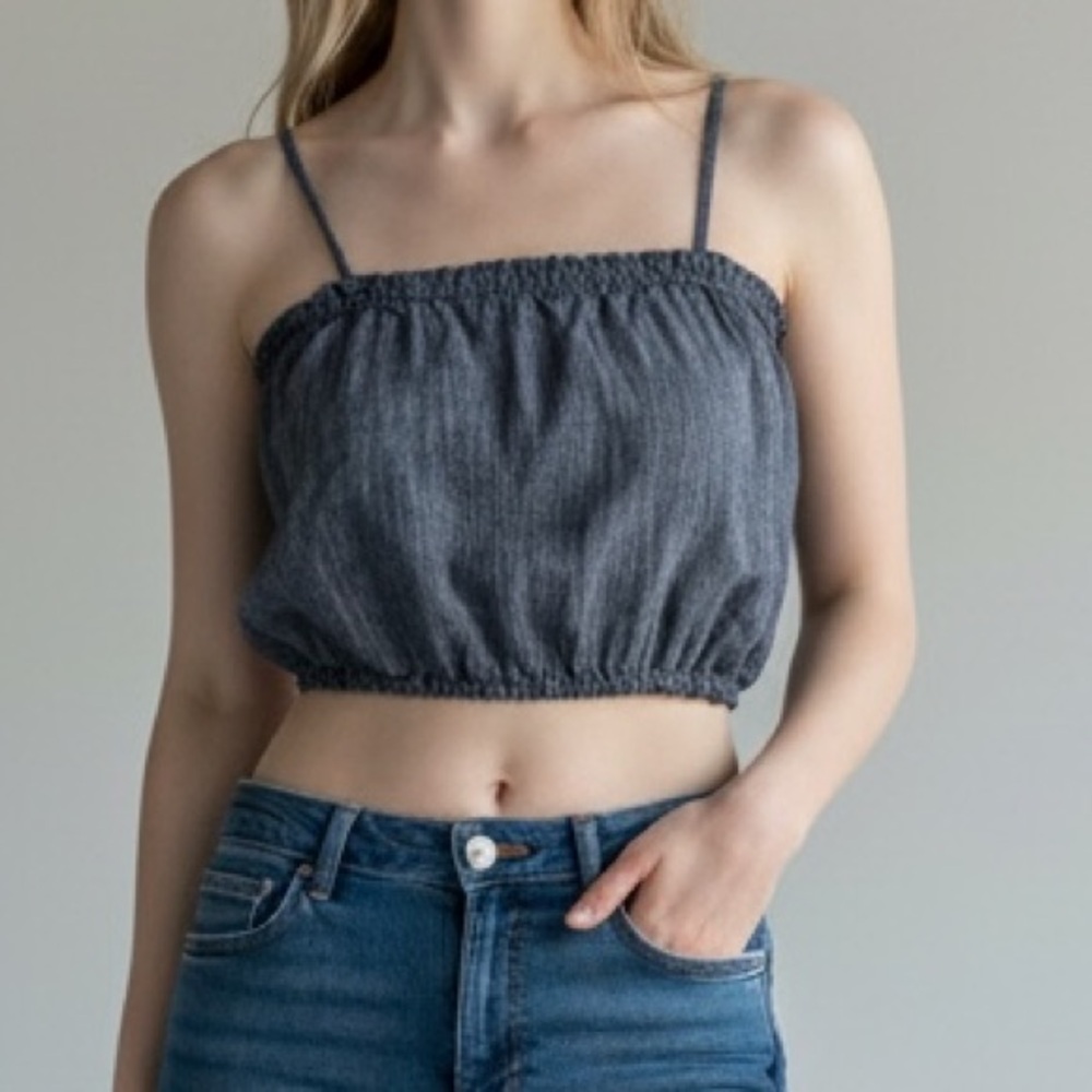 Aerie Blue Chambray Crop Lightweight Ruffle Tank Top Size Small